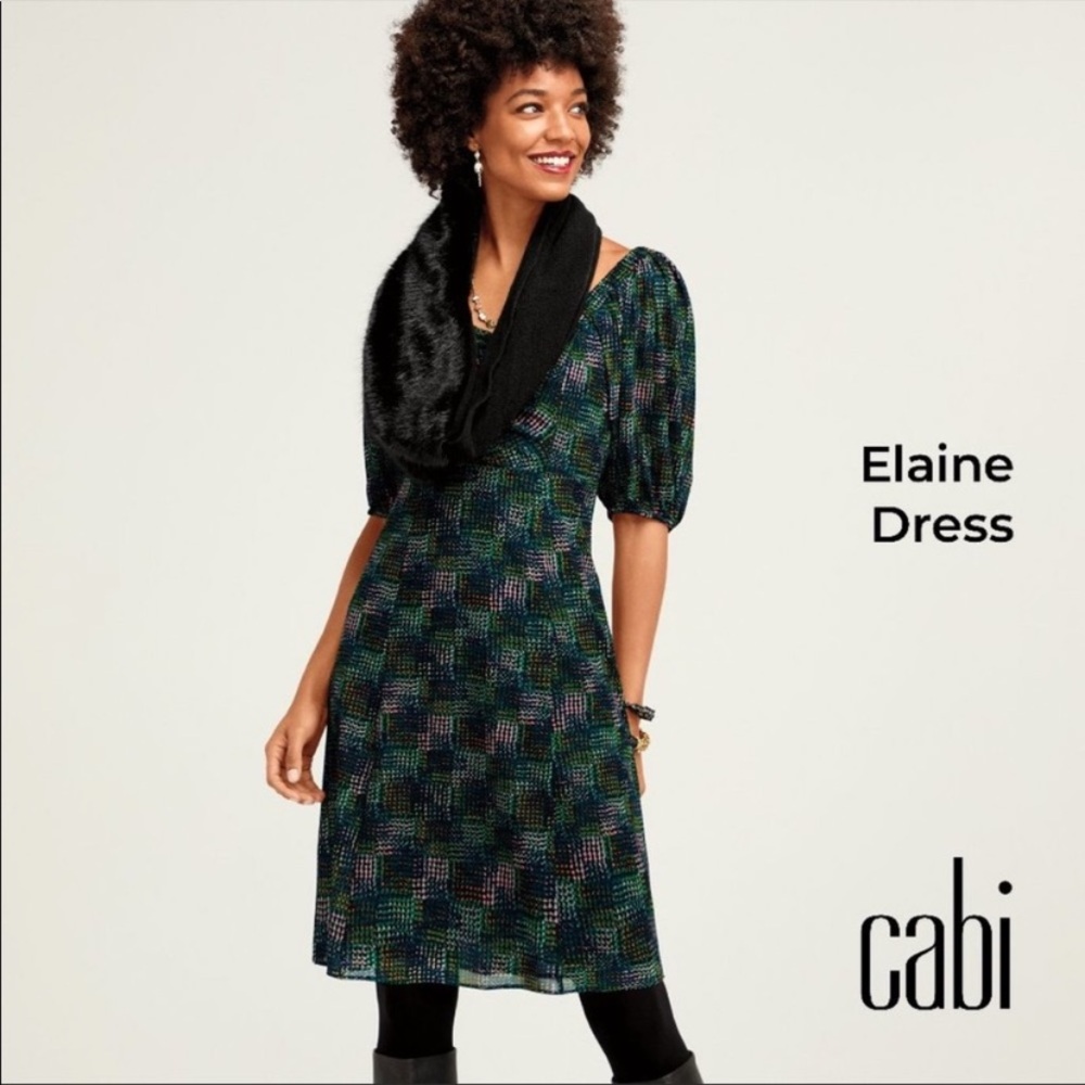 Cabi Elaine Dress Geometric Smocked Puff Sleeve Retro Romantic Multicolor